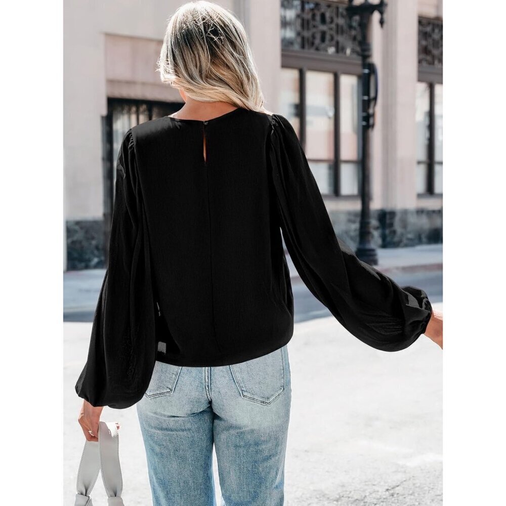 Womens Chiffon Long Sleeve Blouse Crewneck Fall Casual Dressy Office - Picture 6 of 6